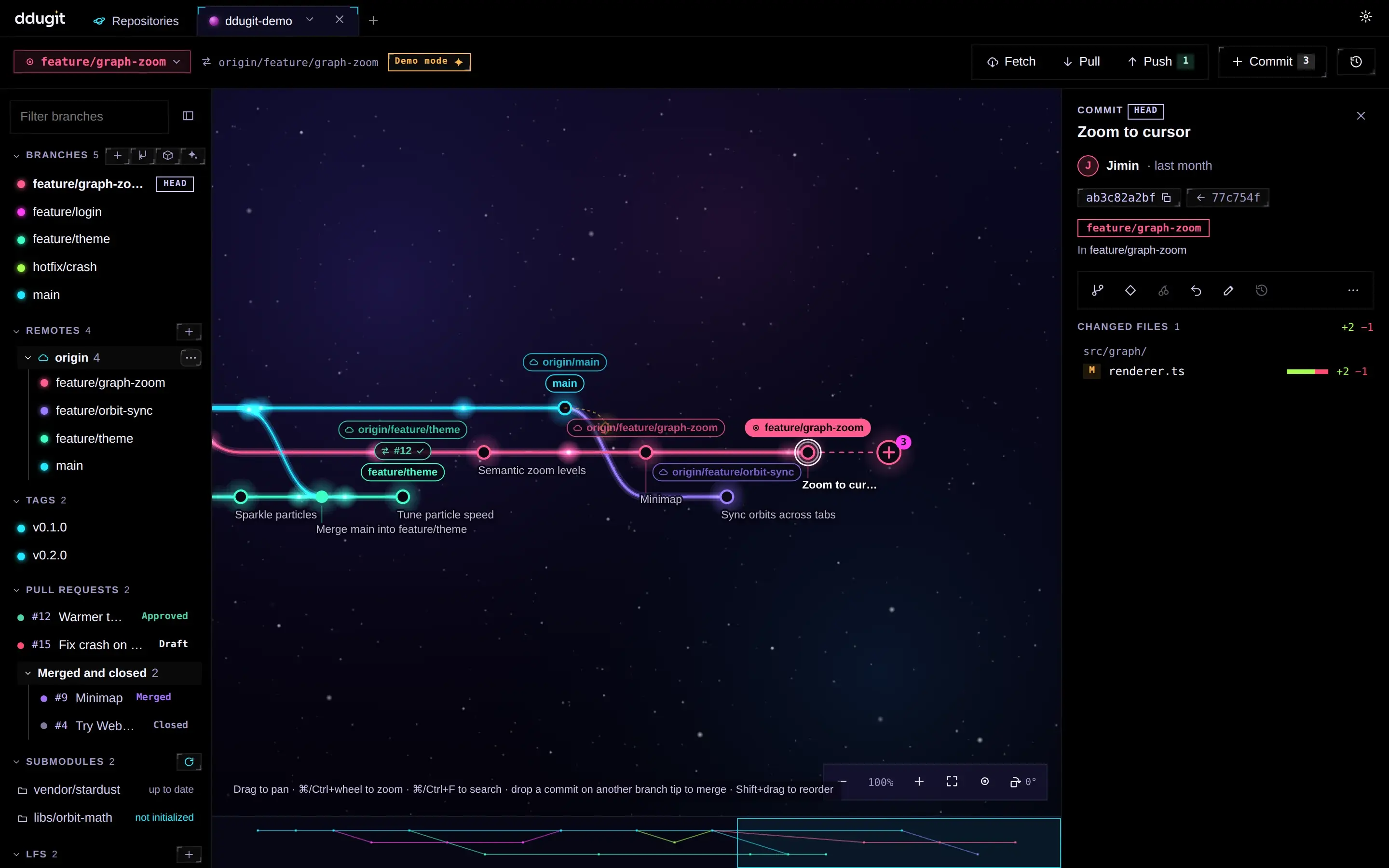 ddugit showing a repository's commit graph, branches in the sidebar and a commit's details